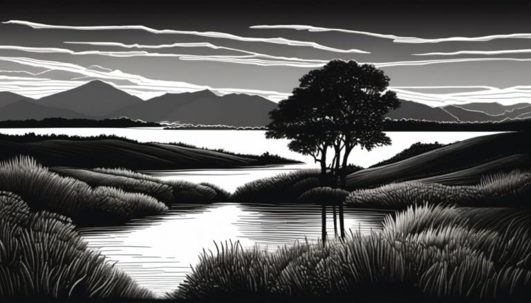 Scratchboard Art,Scratchboard Art, Nature, landscape, monochrome, greyscale, no humans, scenery, tree