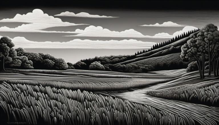 Scratchboard Art,Scratchboard Art, Nature, landscape, no humans, monochrome, scenery, cloud, greyscale, tree