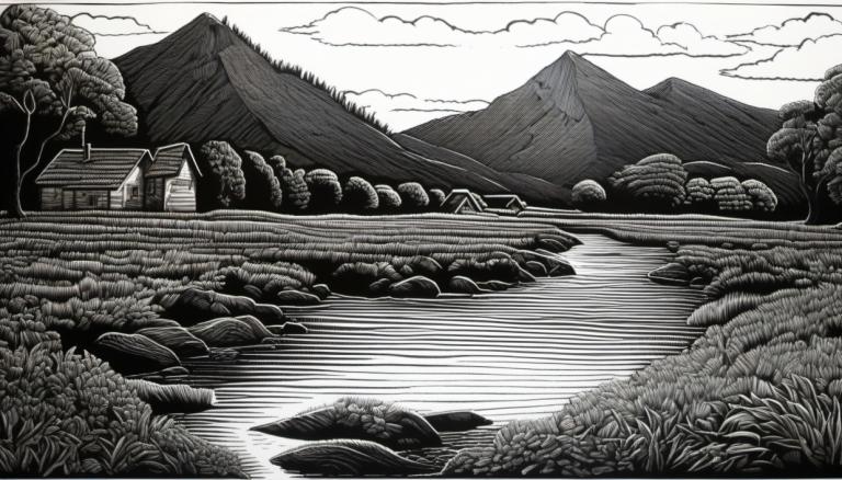 Scratchboard Art,Scratchboard Art, Nature, landscape, monochrome, greyscale, scenery, no humans, outdoors