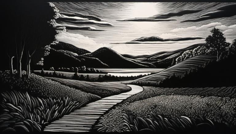 Scratchboard Art,Scratchboard Art, Nature, landscape, monochrome, greyscale, no humans, scenery, tree, grass