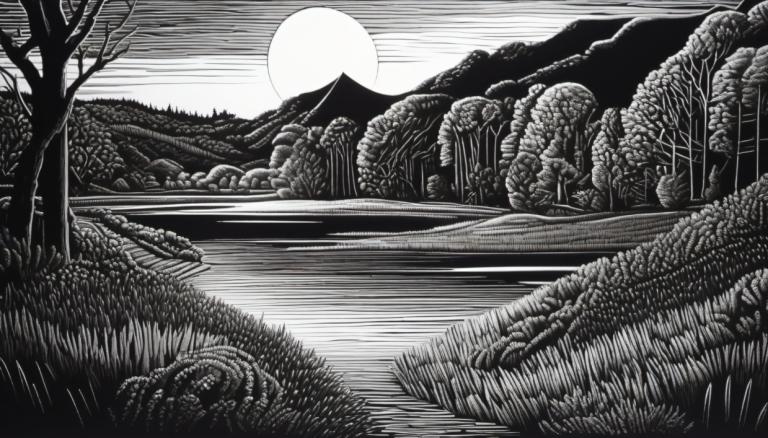 Scratchboard-Kunst,Scratchboard-Kunst, Natur, Landschaft, keine Menschen, einfarbig, Graustufen, Landschaft