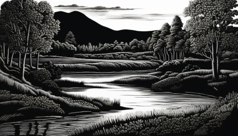 Scratchboard Art,Scratchboard Art, Nature, landscape, monochrome, greyscale, no humans, scenery, tree