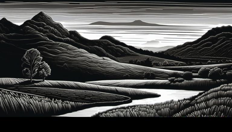 Scratchboard-Kunst,Scratchboard-Kunst, Natur, Landschaft, einfarbig, Graustufen, Landschaft, draußen