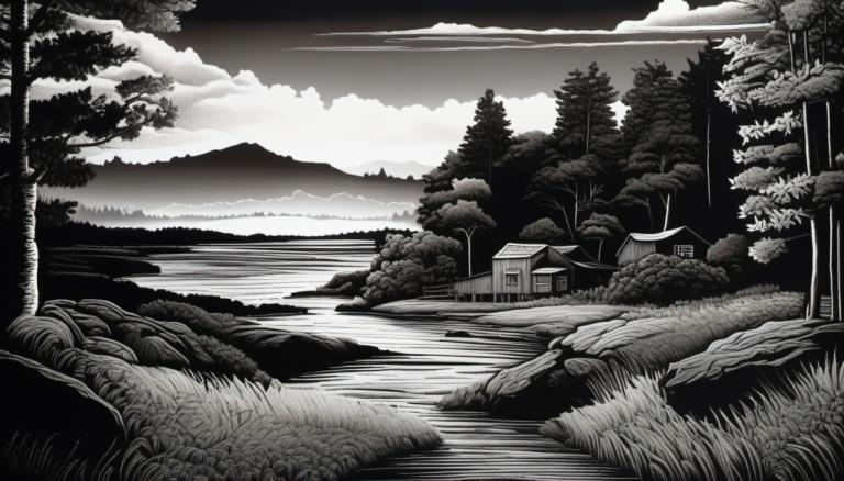 Scratchboard Art,Scratchboard Art, Nature, landscape, monochrome, scenery, no humans, tree, greyscale