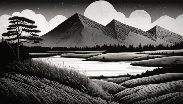 Scratchboard Art,Scratchboard Art, Nature, landscape, no humans, monochrome, scenery, sky, tree, greyscale