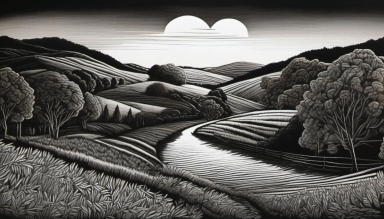 Scratchboard-Kunst,Scratchboard-Kunst, Natur, Landschaft, keine Menschen, einfarbig, Baum, Landschaft