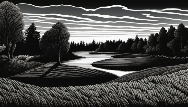 Scratchboard-Kunst,Scratchboard-Kunst, Natur, Landschaft, keine Menschen, einfarbig, Graustufen, Baum