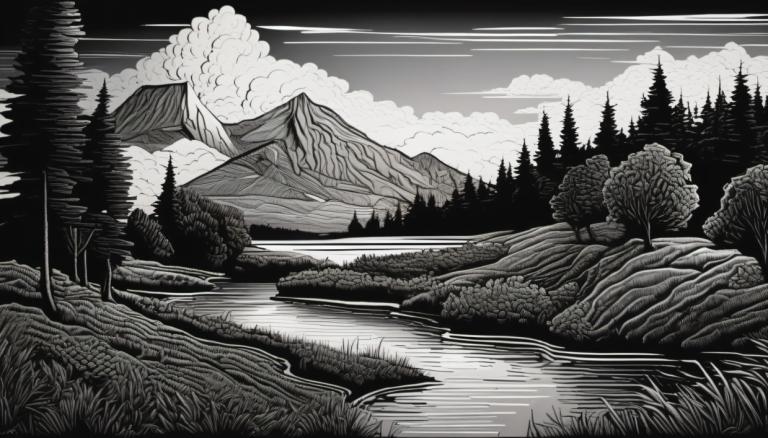 Scratchboard Art,Scratchboard Art, Nature, landscape, no humans, monochrome, greyscale, scenery, tree, cloud