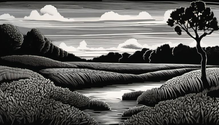 Scratchboard Art,Scratchboard Art, Nature, landscape, monochrome, no humans, greyscale, tree, scenery, cloud