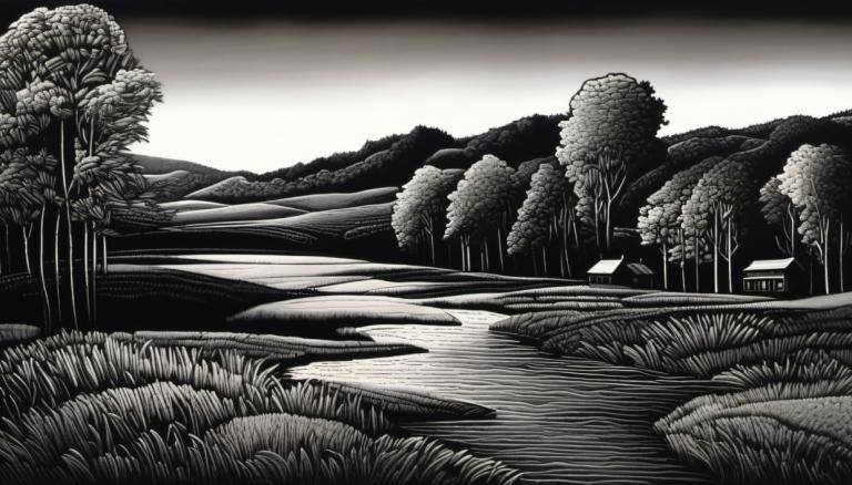 Scratchboard Art,Scratchboard Art, Nature, landscape, monochrome, no humans, greyscale, scenery, tree, nature