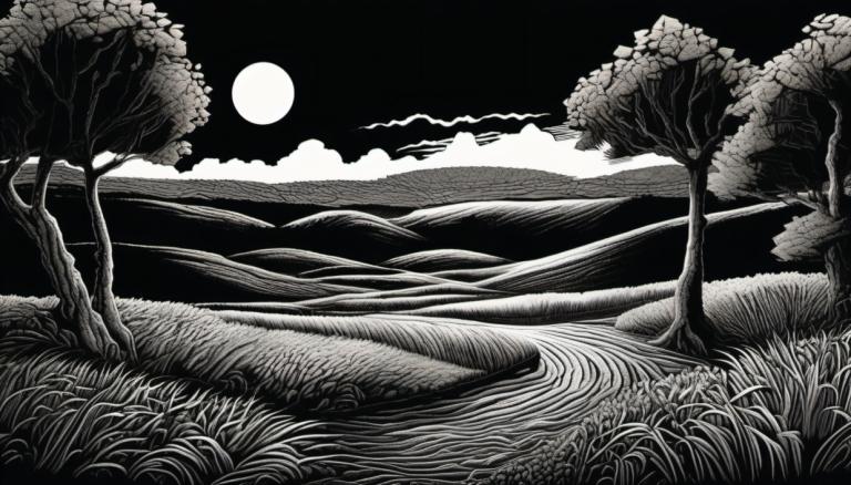 Scratchboard Art,Scratchboard Art, Nature, landscape, no humans, monochrome, tree, greyscale, grass, scenery