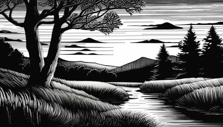 Scratchboard Art,Scratchboard Art, Nature, landscape, greyscale, monochrome, no humans, tree, scenery