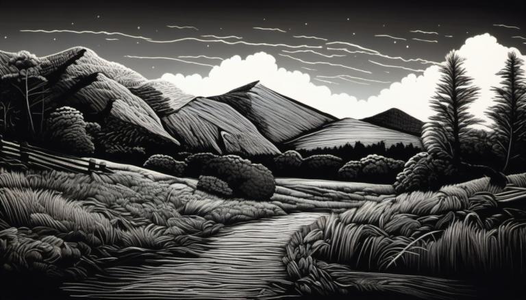 Scratchboard Art,Scratchboard Art, Nature, landscape, monochrome, no humans, scenery, greyscale, sky, tree