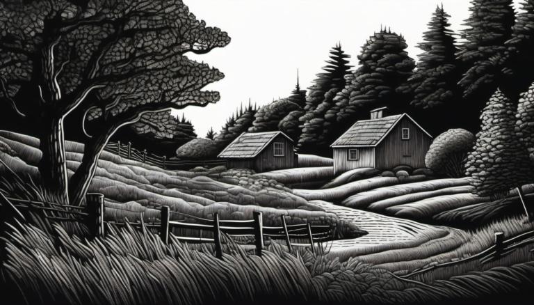 Scratchboard-Kunst,Scratchboard-Kunst, Natur, Landschaft, einfarbig, Baum, keine Menschen, Graustufen, Gras