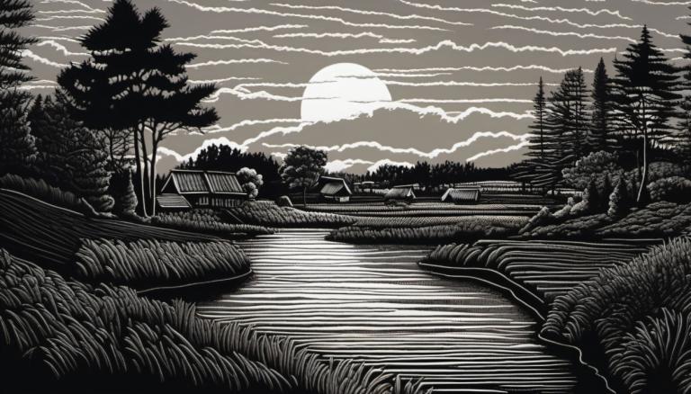 Scratchboard-Kunst,Scratchboard-Kunst, Natur, Landschaft, einfarbig, keine Menschen, Baum, Wolke, Landschaft