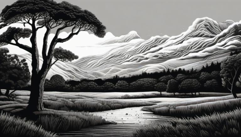 Scratchboard Art,Scratchboard Art, Nature, landscape, no humans, monochrome, tree, greyscale, scenery