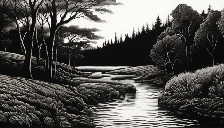 Scratchboard Art,Scratchboard Art, Nature, landscape, no humans, monochrome, tree, greyscale, scenery, nature