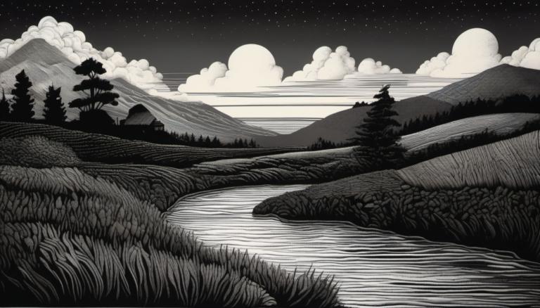 Scratchboard Art,Scratchboard Art, Příroda, krajina, nebe, černobílý, scenérie, venku, žádní lidé, strom