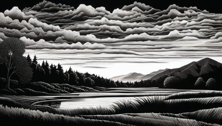 Scratchboard Art,Scratchboard Art, Nature, landscape, monochrome, no humans, scenery, cloud, greyscale, tree