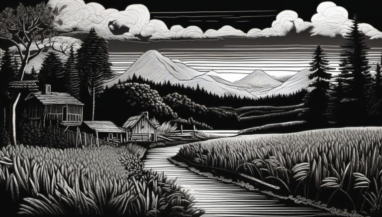 Scratchboard Art,Scratchboard Art, Natură, peisaj, monocrom, tonuri de gri, copac, decor, nor, iarbă