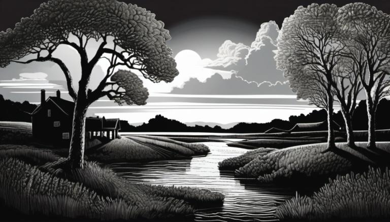 Scratchboard Art,Scratchboard Art, Nature, landscape, no humans, tree, monochrome, greyscale, cloud, scenery