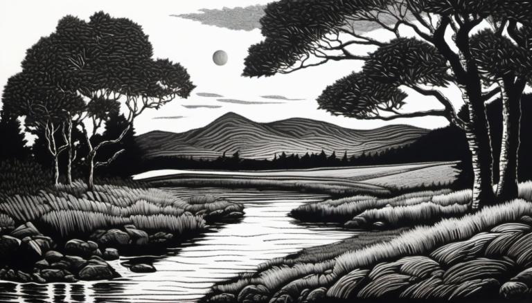 Scratchboard Art,Scratchboard Art, Nature, landscape, no humans, monochrome, greyscale, tree, scenery