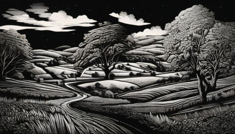 Scratchboard Art,Scratchboard Art, Nature, landscape, monochrome, greyscale, tree, sky, star (sky), scenery