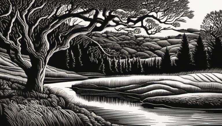 Scratchboard art,Scratchboard art, Natura, paesaggio, monocromo, scala di grigi, nessun essere umano, albero