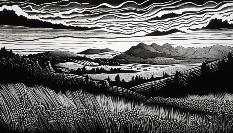 Scratchboard Art,Scratchboard Art, Nature, landscape, monochrome, greyscale, no humans, scenery, outdoors