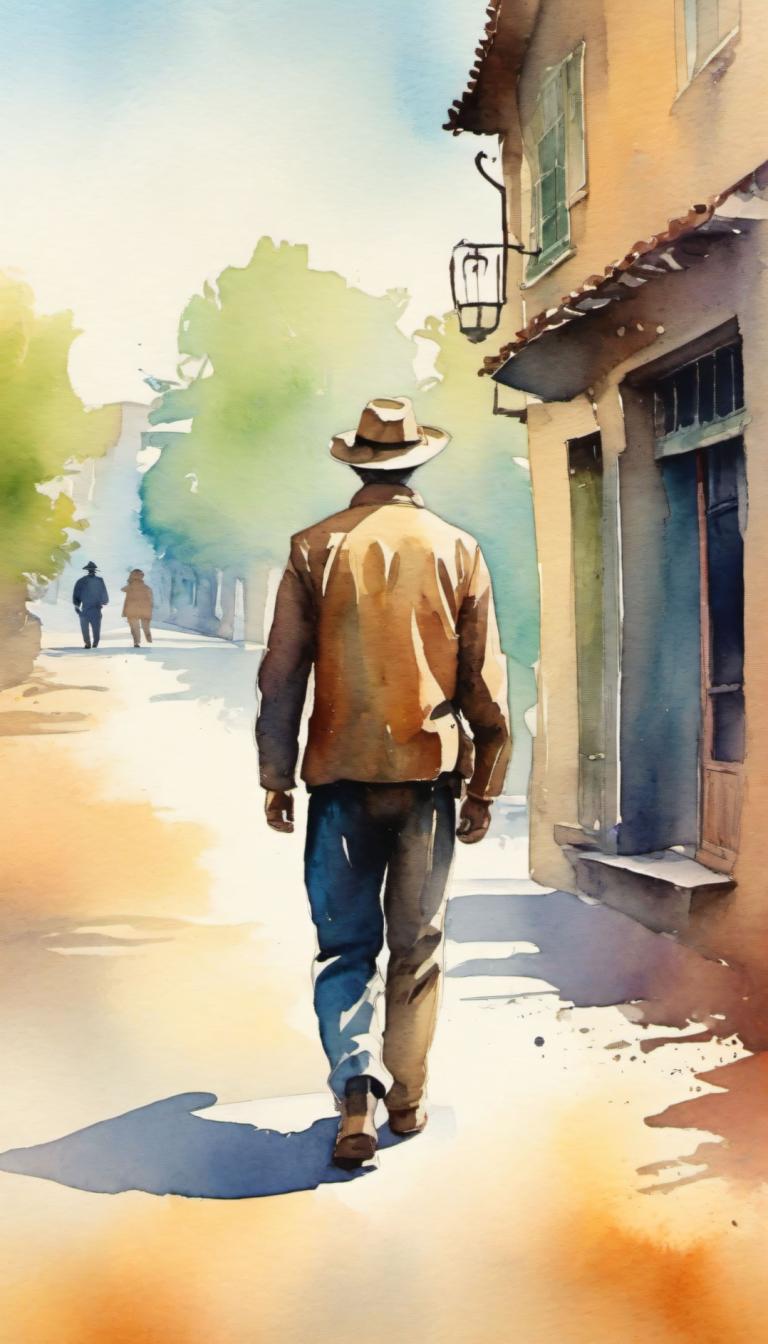 Watercolor,Watercolor, People, man, walking, hat, road, male focus, traditional media, painting (medium)