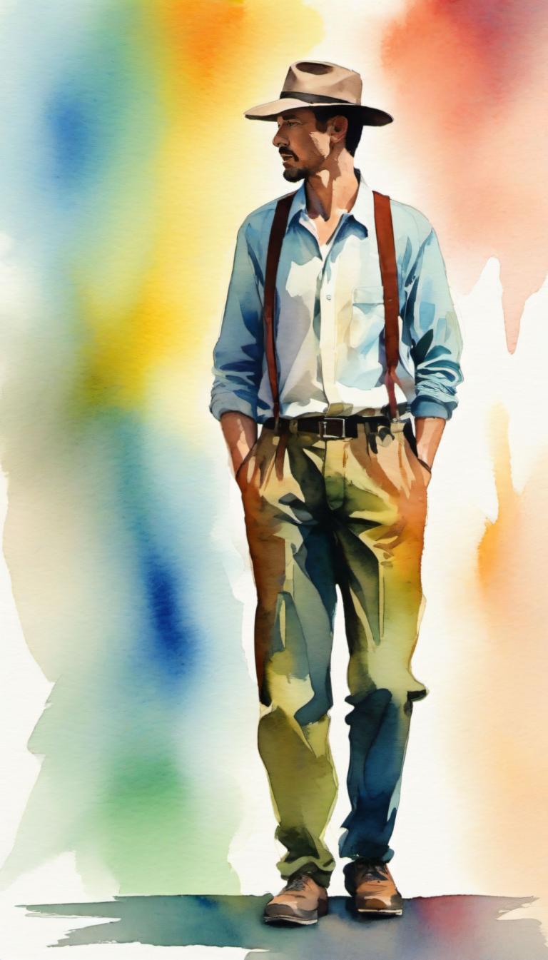 Watercolor,Watercolor, People, man, 1boy, male focus, solo, hat, facial hair, suspenders, beard