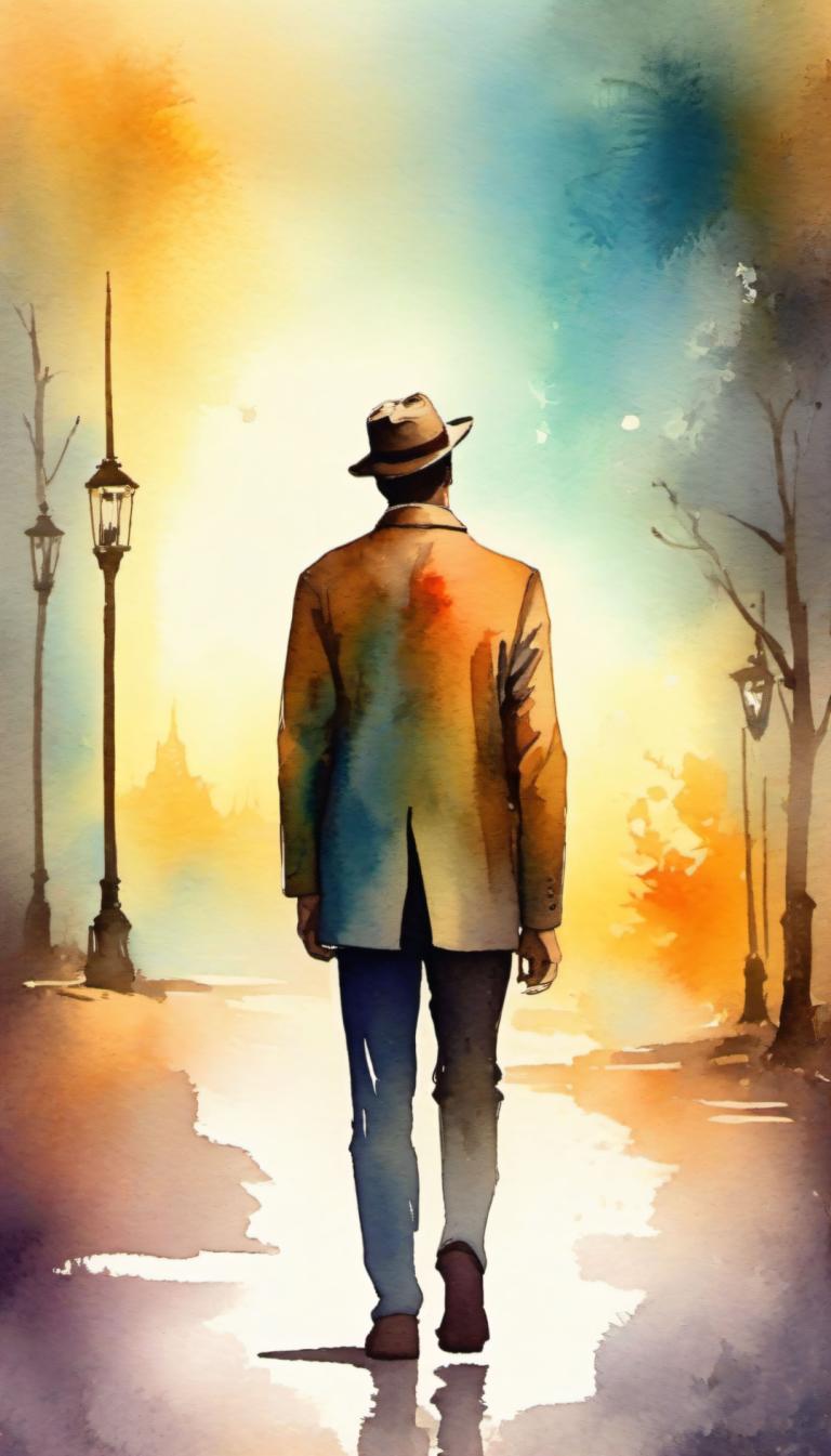 Watercolor,Watercolor, People, man, 1boy, male focus, solo, hat, walking, fedora, lamppost, from behind, tree