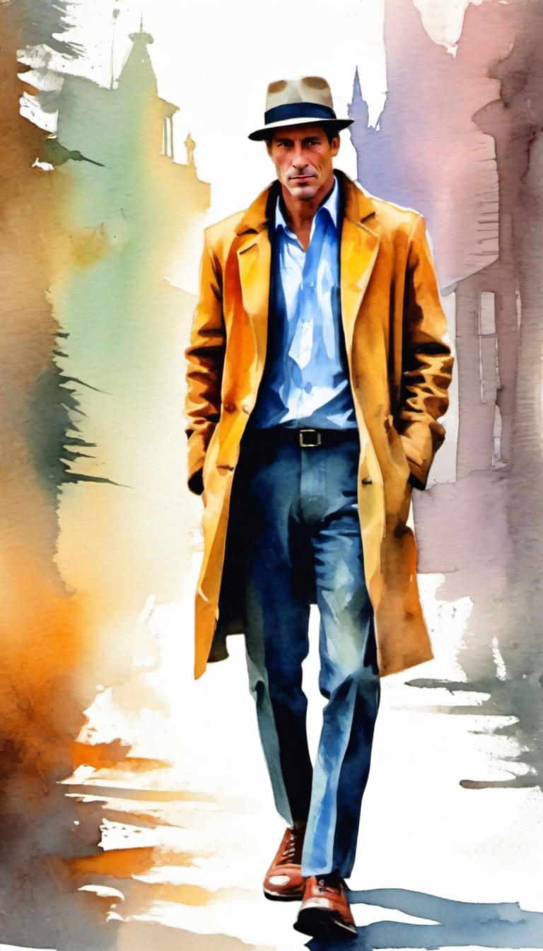 Watercolor,Watercolor, People, man, 1boy, solo, male focus, hat, facial hair, trench coat, hands in pockets