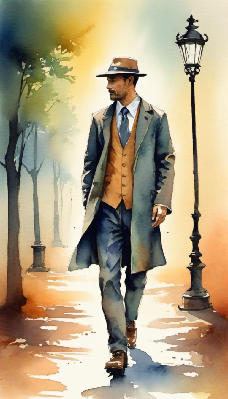 Watercolor,Watercolor, People, man, 1boy, walking, solo, male focus, hat, facial hair, necktie, lamppost