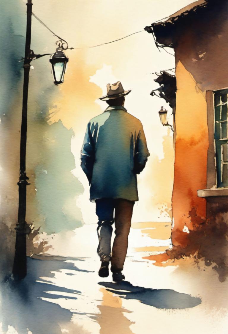 Watercolor,Watercolor, People, man, 1boy, hat, walking, male focus, solo, lamppost, fedora, road, street