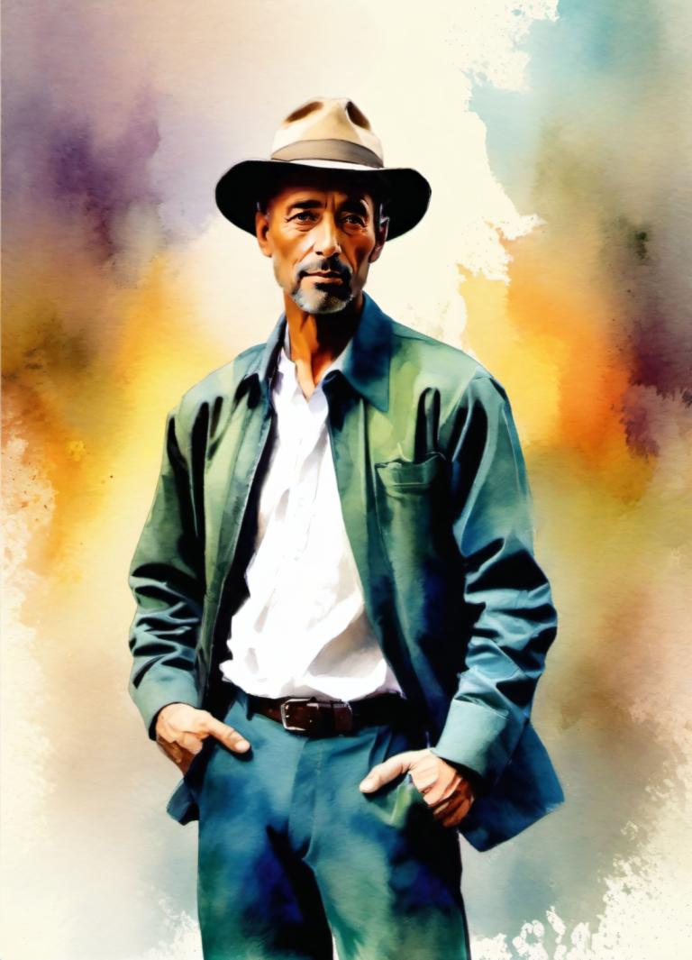 Watercolor,Watercolor, People, man, 1boy, male focus, solo, hat, facial hair, jacket, green jacket, belt