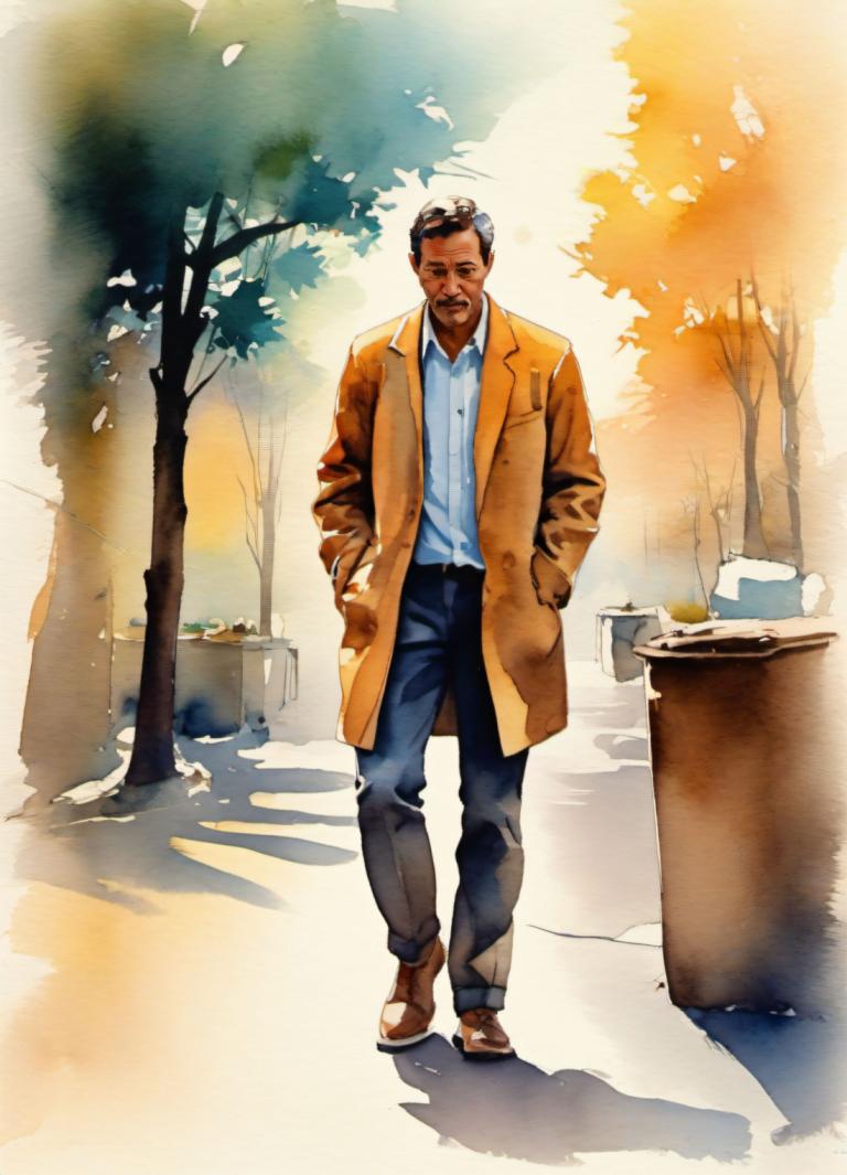 Watercolor,Watercolor, People, man, 1boy, male focus, solo, tree, facial hair, hands in pockets, dark skin