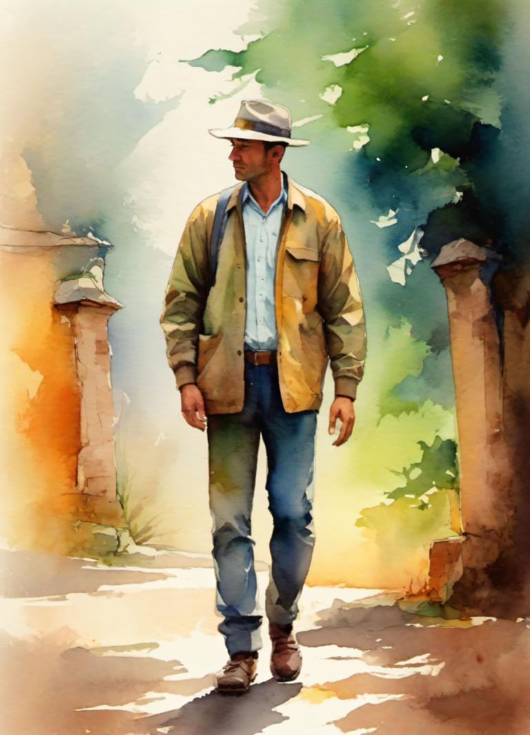 Watercolor,Watercolor, People, man, 1boy, hat, male focus, solo, pants, walking, jacket, dark skin, belt