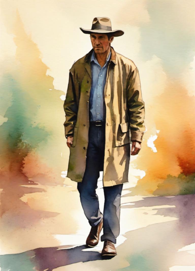 Watercolor,Watercolor, People, man, 1boy, male focus, solo, hat, walking, facial hair, pants, cowboy hat