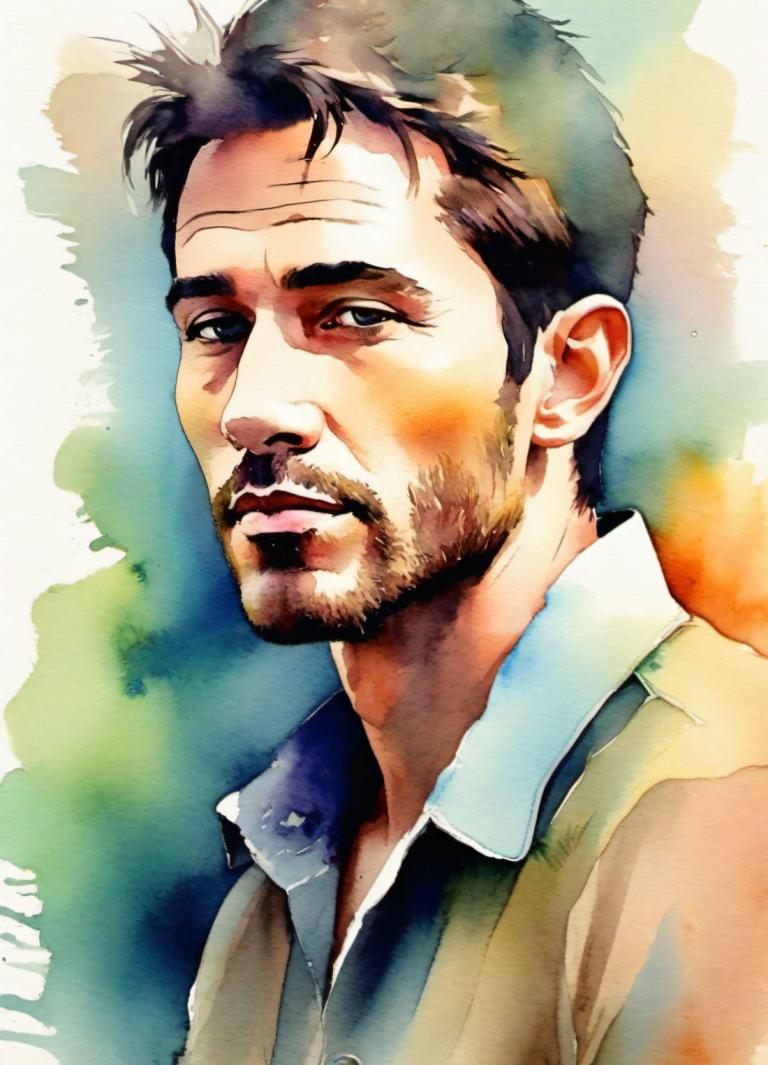 Watercolor,Watercolor, People, man, 1boy, male focus, solo, facial hair, beard, black hair, realistic