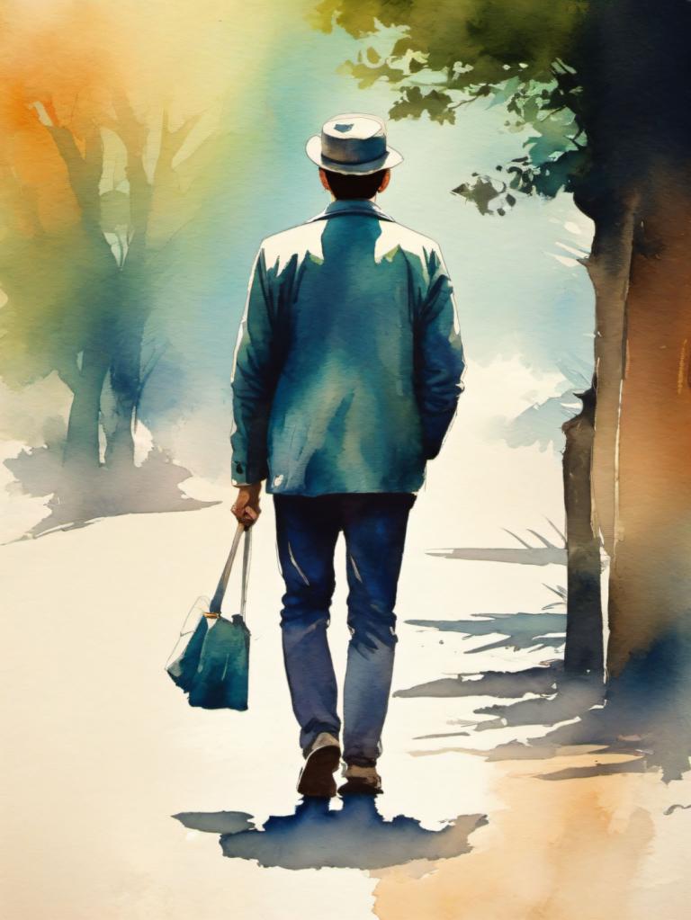 Watercolor,Watercolor, People, man, 1boy, solo, walking, male focus, hat, bag, tree, from behind, pants