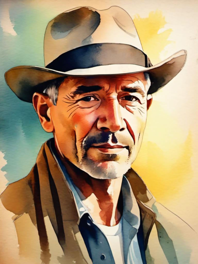 Watercolor,Watercolor, People, man, 1boy, male focus, solo, hat, facial hair, manly, old, black hair, old man