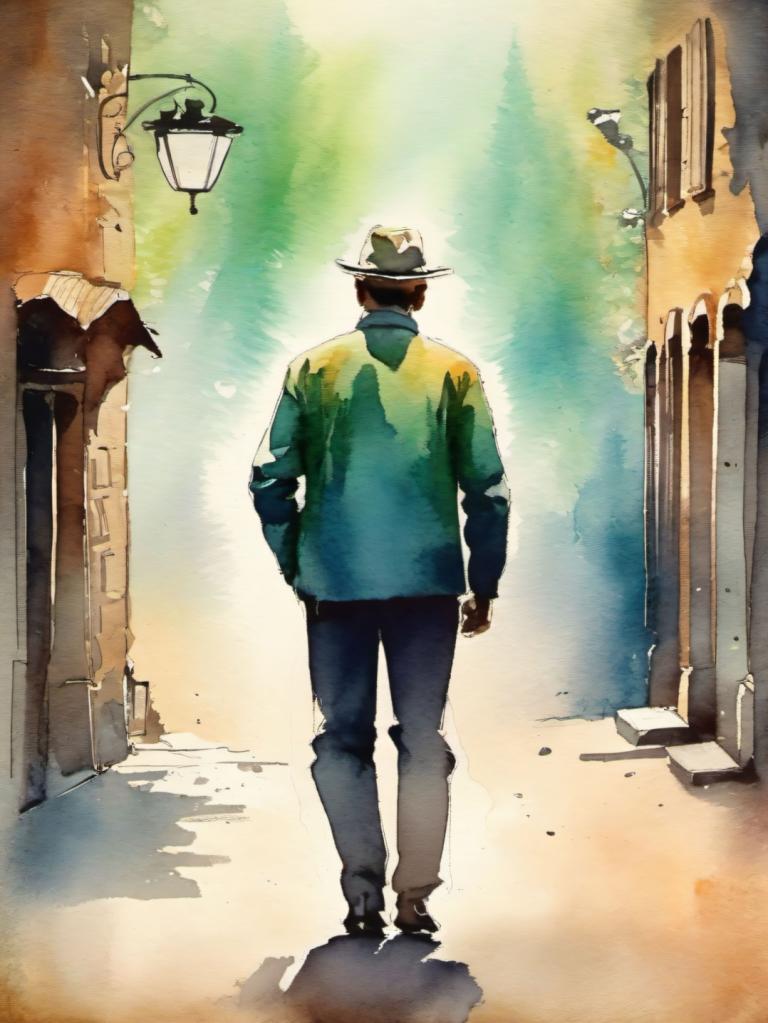 Watercolor,Watercolor, People, man, 1boy, hat, male focus, solo, fedora, from behind, alley, pants