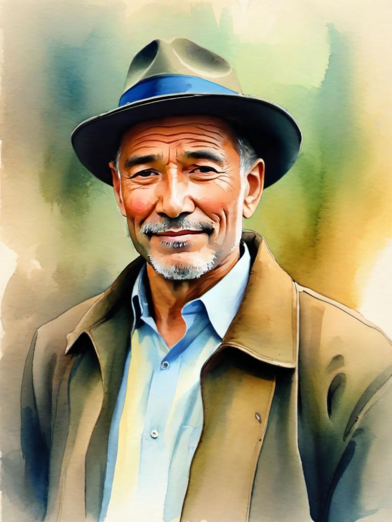 Watercolor,Watercolor, People, man, 1boy, male focus, hat, solo, facial hair, old, beard, mustache, realistic