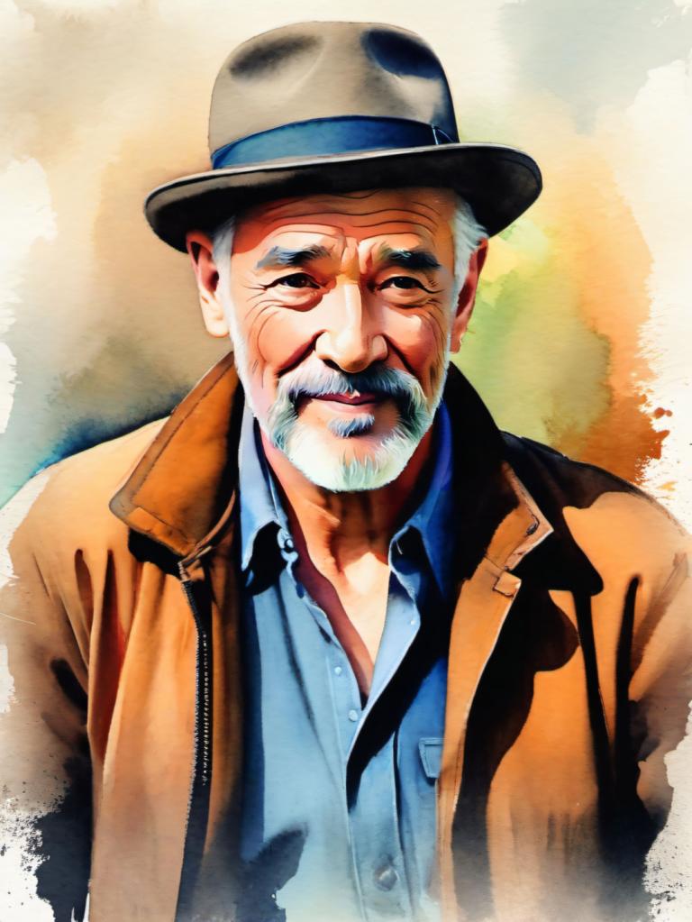 Watercolor,Watercolor, People, man, 1boy, male focus, solo, hat, facial hair, mustache, old, old man, beard