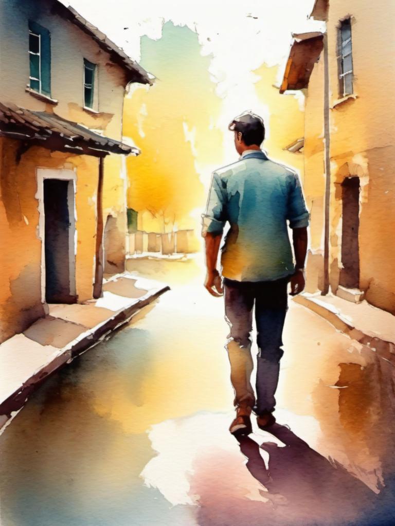 Watercolor,Watercolor, People, man, 1boy, male focus, solo, walking, black hair, sleeves rolled up