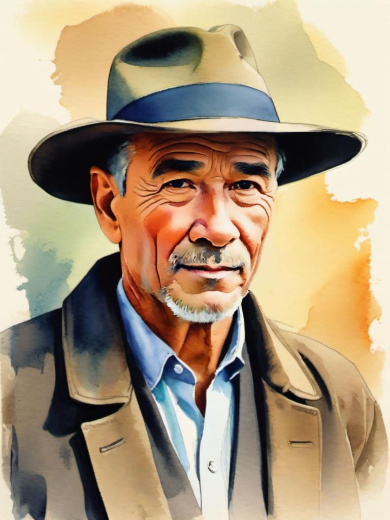 Watercolor,Watercolor, People, man, 1boy, male focus, hat, solo, facial hair, old, old man, beard, mustache