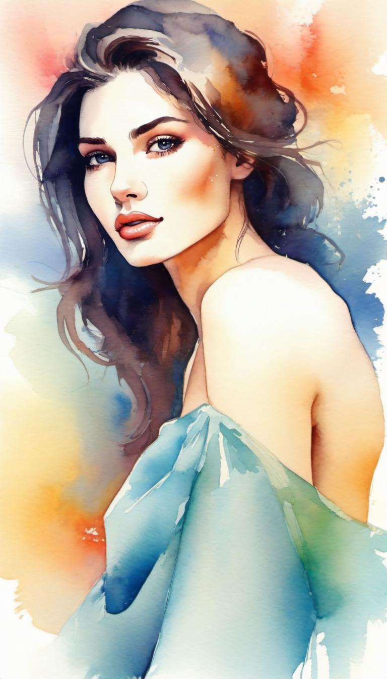 Watercolor,Watercolor, People, woman, 1girl, solo, long hair, black hair, looking at viewer, bare shoulders