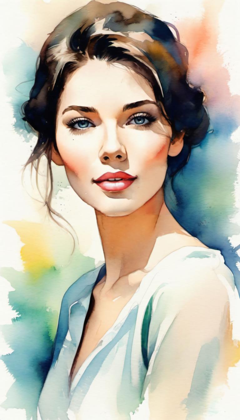 Watercolor,Watercolor, People, woman, 1girl, solo, blue eyes, mole, mole under eye, black hair, lips