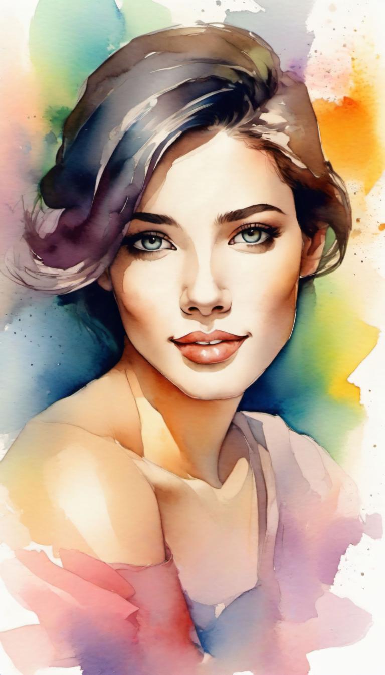 Watercolor,Watercolor, People, woman, 1girl, solo, brown hair, lips, looking at viewer, short hair